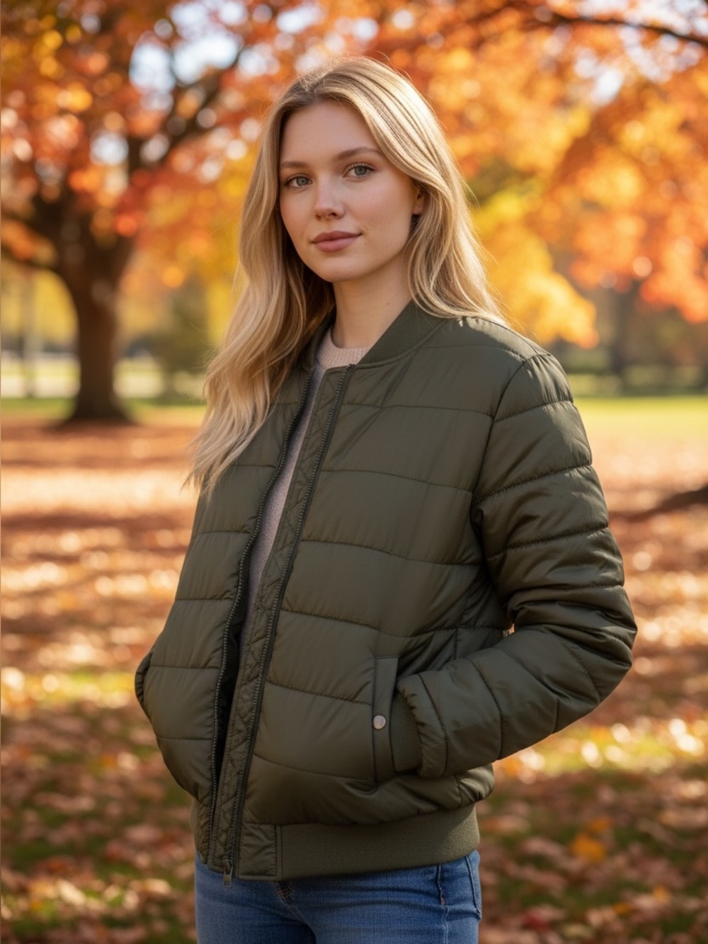 Garage Olive Green Quilted Bomber Jacket